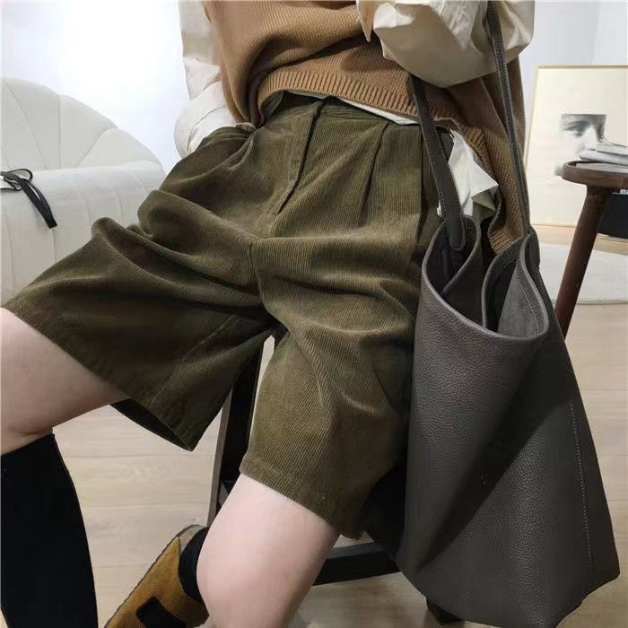 Quần bốt nhung kẻ cổ điển lưng cao mới dành cho nữ, quần short ống rộng chữ A dáng rộng thông