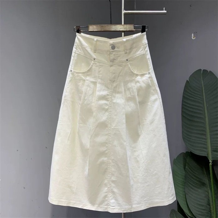 Mùa hè mới màu trắng nhạt thời trang và đa năng Váy chữ A dài vừa vặn Váy xếp ly lưng cao dàn