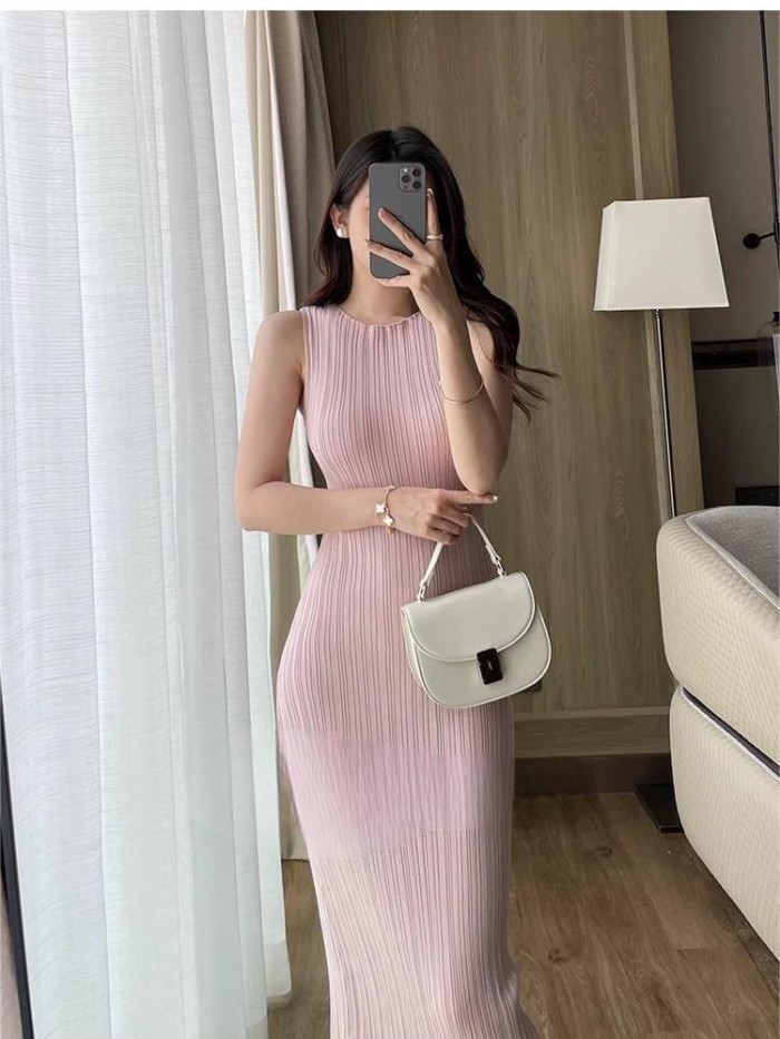 Váy vest dài mát mẻ Ôm vừa vặn cao cấp váy dệt kim không tay mỏng Váy dài giảm béo eo khí chất