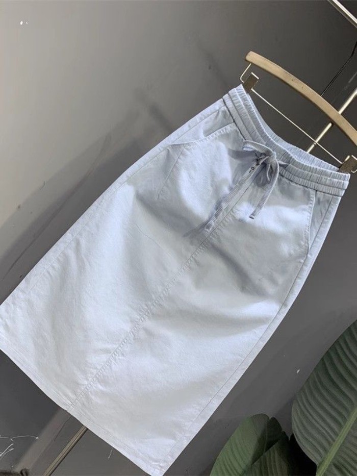 Phong cách đơn giản Chân váy denim đa năng mùa hè dáng ôm vừa vặn Chân váy chữ A dài vừa vặn