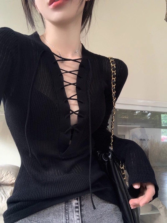Áo len dài tay cổ chữ V quyến rũ của hot girl mùa xuân dành cho nữ