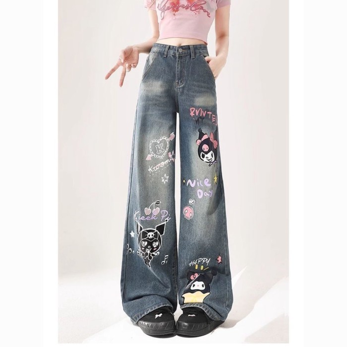 Quần jeans in họa tiết hoạt hình cho nữ, lưng cao, thon gọn, ôm sát, quần ống rộng, ống suông, quần