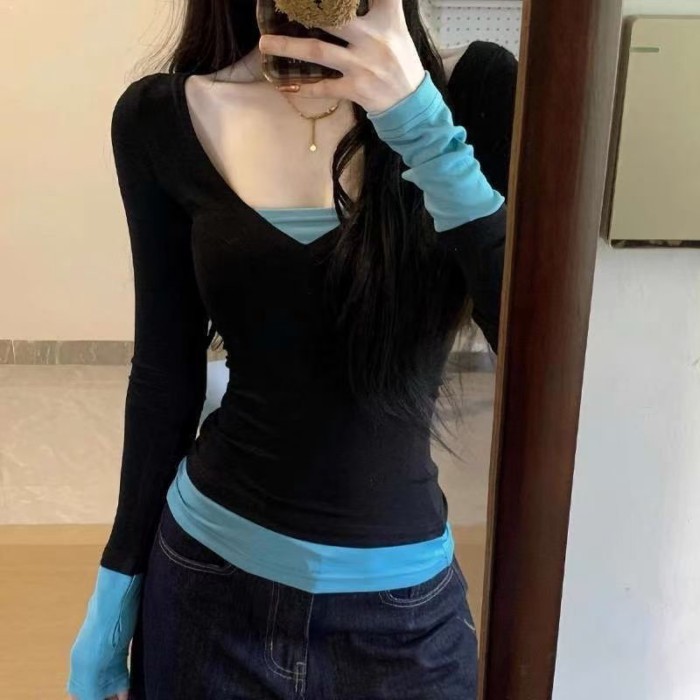 Áo thun dài tay giả hai mảnh cổ chữ V của hot girl Mỹ tương phản màu sắc dành cho nữ mùa xuân th