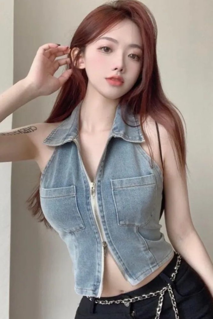 Áo vest denim Mỹ dành cho nữ mùa hè mới dáng ôm vừa vặn không tay cổ dây treo ngắn