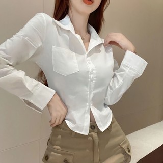 trắng mùa xuân phong cách mới niche jk áo sơ mi ngắn vừa vặn eo dài tay áo sang trọng thiết kế h