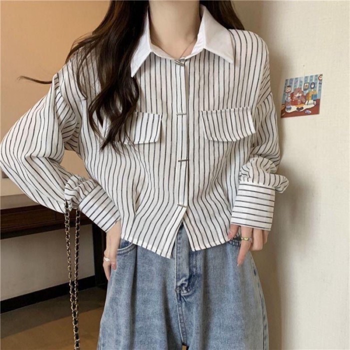 Áo sơ mi dài tay sọc Áo sơ mi nữ Thiết kế ngắn Niche Top Xuân Thu Phong Cách Mới