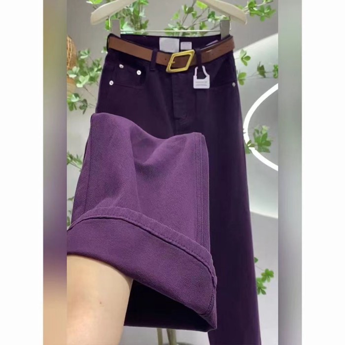 Kích Thước Lớn Phong Cách Hàn Quốc Cao Cấp Thường Ngày Nho Tím Quần Jean Nữ Xuân Thu Mới Ống