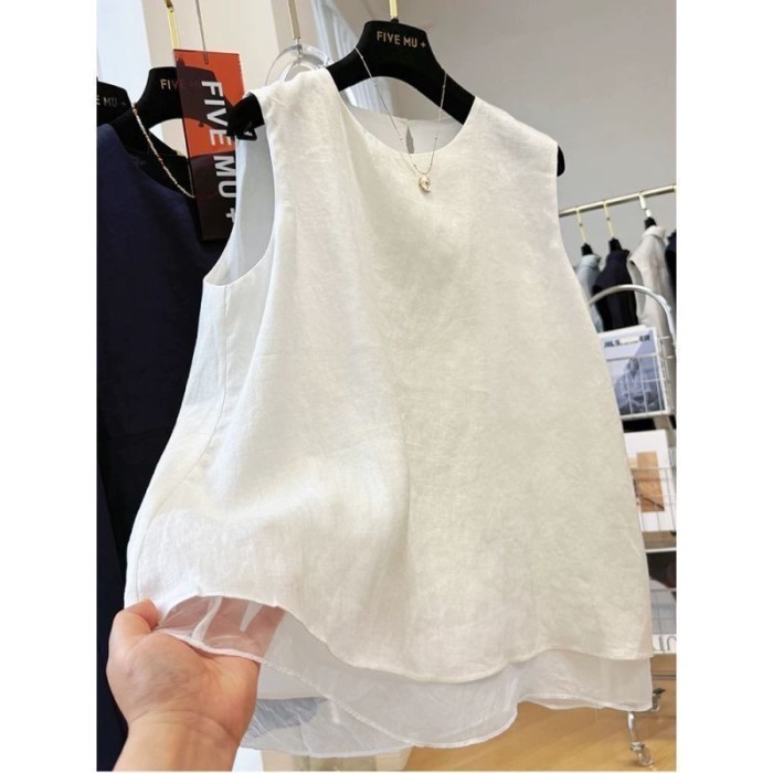 Áo vest không tay lưới nối cỡ lớn cho nữ mùa hè mỏng dáng rộng giả hai lớp áo không tay hai l