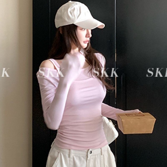 Mùa Thu Nguyên Chất Desire Hot Girl Nguyên Chất Cotton Ngắn Tay Dài Nữ Slim Fit Giả 2 Top