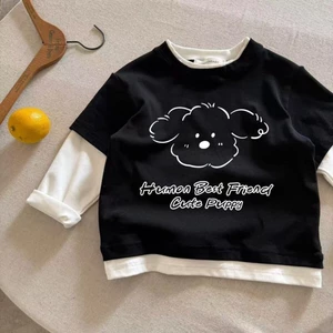 chiếc áo phông hai mảnh giả cotton nguyên chất xuân thu mới dành cho trẻ em phong cách Nhật Bản