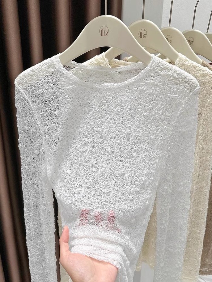 Áo sơ mi cổ tròn phối ren cho nữ mùa thu đông, áo thun dài tay bên trong slim fit cao cấp, áo