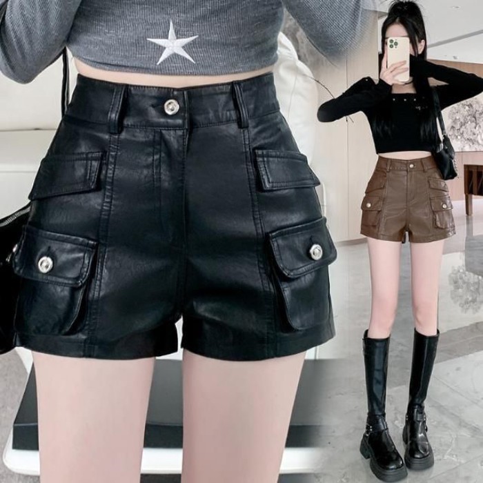 Quần short da PU dành cho nữ mùa thu đông phong cách mới lưng cao mỏng đa năng quần ống rộng
