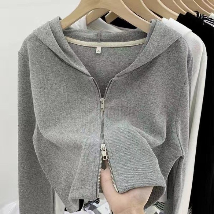 European Design Versatile Double Zipper Hooded Short Coat Autumn And Winter New Ribbed Knitted C