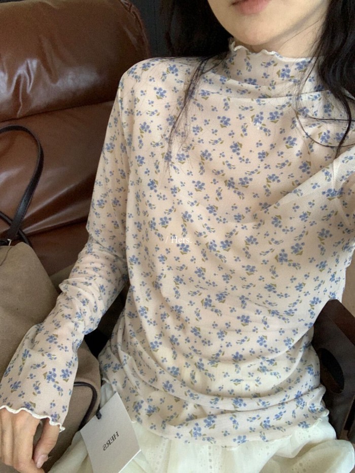 Áo thun dài tay in hoa phong cách Hàn Quốc dành cho nữ mùa thu, áo crop top kiểu dáng đơn giản phối