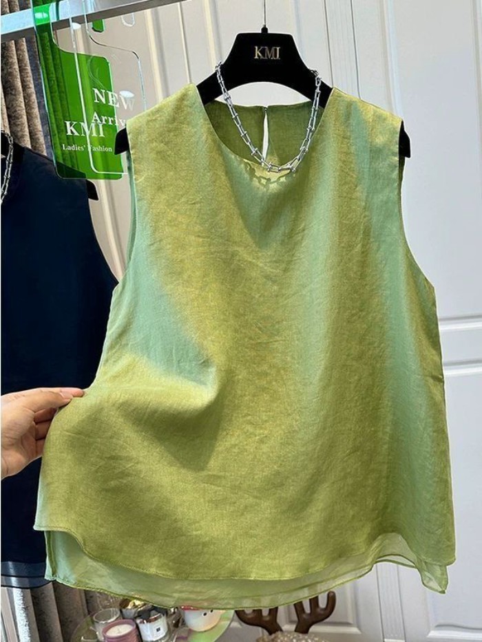 Áo vest không tay lưới nối cỡ lớn cho nữ mùa hè mỏng dáng rộng giả hai lớp áo không tay hai l