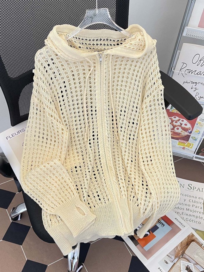 Thiết kế rỗng có mũ trùm đầu bên ngoài áo khoác mỏng phong cách Hàn Quốc xuân hè lười biếng á