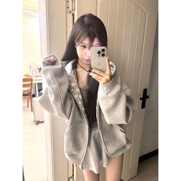 Áo khoác cardigan có mũ trùm đầu in hình ngoài trời cho nữ mùa thu hợp thời trang thương hiệu cặp đ
