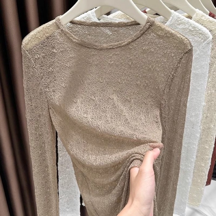Áo sơ mi cổ tròn phối ren cho nữ mùa thu đông, áo thun dài tay bên trong slim fit cao cấp, áo