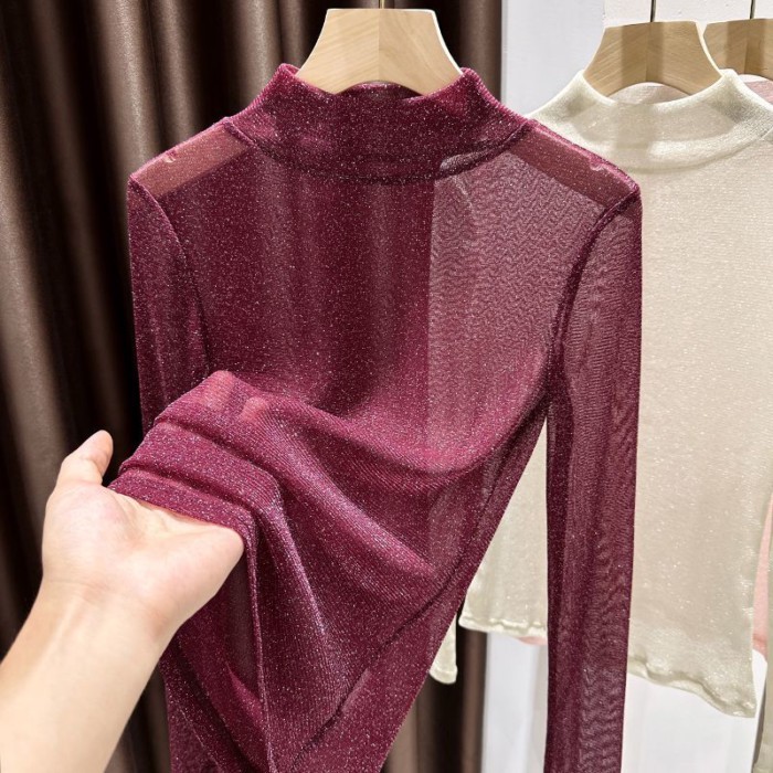 Áo sơ mi lưới nửa cổ cao màu trắng bạc dành cho nữ mùa thu váy treo rỗng có ren niche top