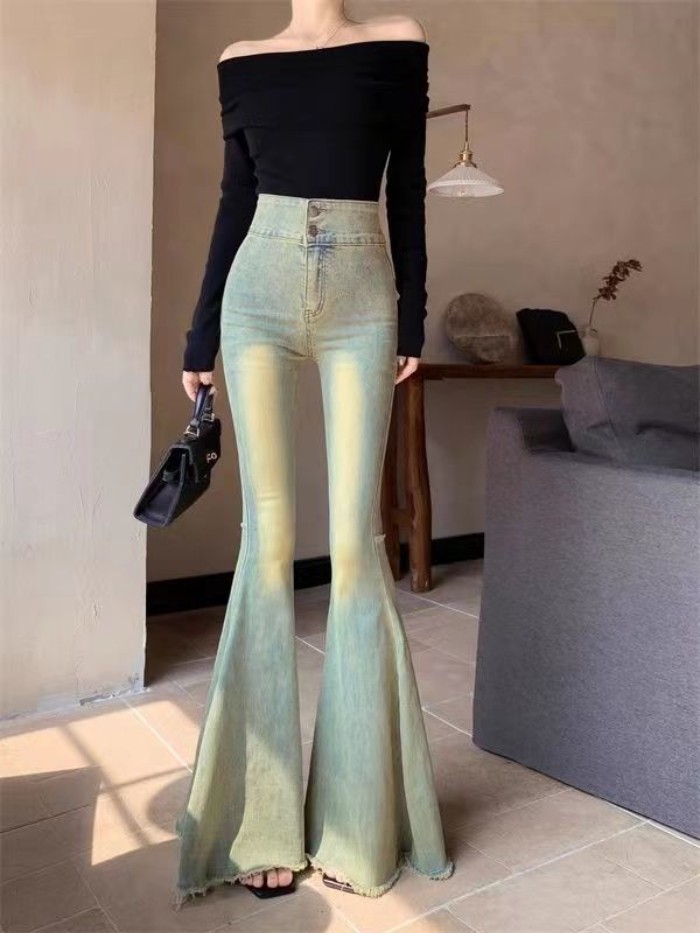 Quần chuông co giãn cho nữ, quần jean trắng sờn mép thô, quần cạp cao wash wash