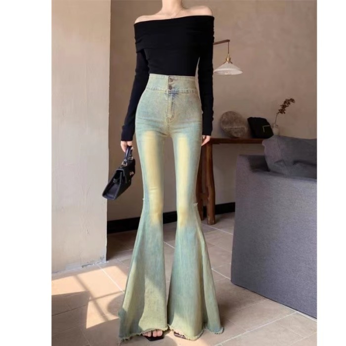 Quần chuông co giãn cho nữ, quần jean trắng sờn mép thô, quần cạp cao wash wash