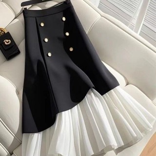 Bộ đồ đen mới lưng cao váy dài xếp li đuôi cá hai hàng khí chất váy đa năng mùa xuân hè