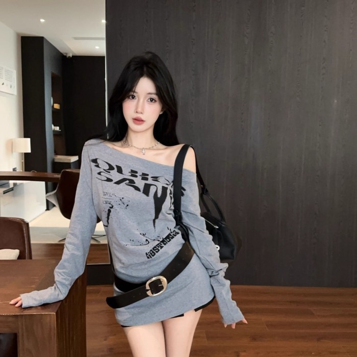 Áo thun dài tay lệch vai màu xám dành cho nữ mùa thu hot girl áo trễ vai một bên trông cực xinh và