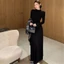 Đầm Kaki Hepburn Tay Kèn Nữ Váy Dệt Kim Giảm Béo Eo