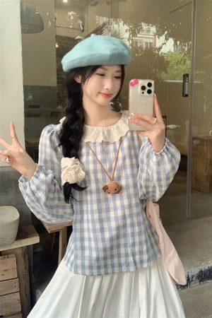 Đầu mùa thu cô gái ngọt ngào màu xanh nhạt kẻ sọc cổ áo ren dài tay áo sơ mi nữ phối ren dáng rộng