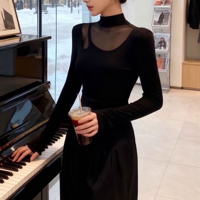 Áo lưới đen hơi xuyên thấu nửa cao cổ áo thun dài tay mùa thu ôm vừa vặn bên trong áo sơ mi x