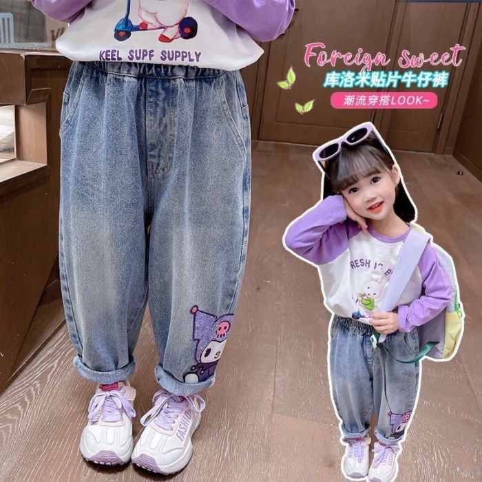 Bé Gái Hoạt Hình Đính Hạt Cườm Kuromi Quần Dễ Thương Bố Bé Quần Xuân Thu Mới Quần Jean Trẻ Em