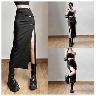 Khóa retro gợi cảm váy đen xẻ tà dành cho nữ thiết kế xếp ly giảm béo hông váy dài giữa mùa h