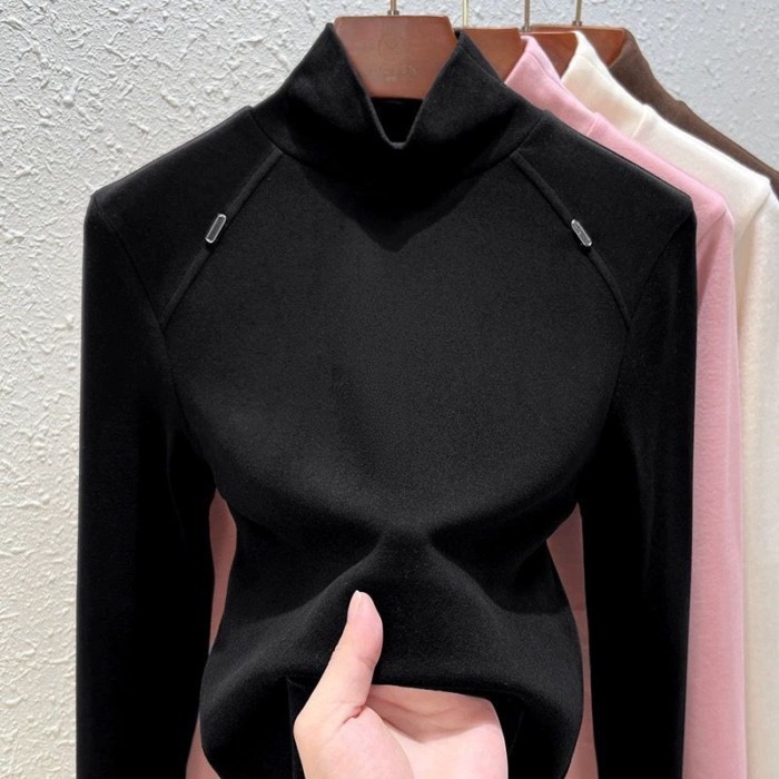 Áo sơ mi nhung Đức hai mặt cổ cao dành cho nữ mùa thu đông, cộng với áo dài tay slim fit bằng