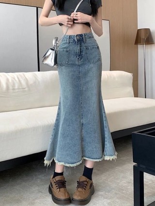 Retro Chiều Dài Trung Bình Váy Đuôi Cá Váy Denim Nữ Nguyên Edge Cao Cấp Ôm Váy Chữ A Che Hông Vá
