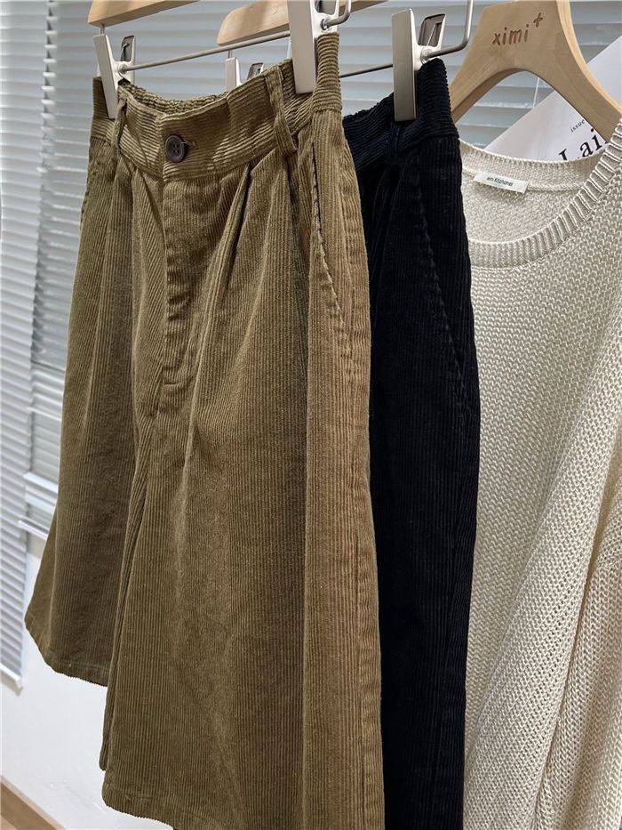 Quần bốt nhung kẻ cổ điển lưng cao mới dành cho nữ, quần short ống rộng chữ A dáng rộng thông