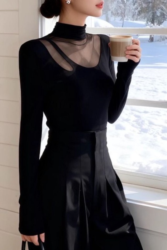 Áo lưới đen hơi xuyên thấu nửa cao cổ áo thun dài tay mùa thu ôm vừa vặn bên trong áo sơ mi x