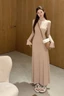 Đầm Kaki Hepburn Tay Kèn Nữ Váy Dệt Kim Giảm Béo Eo