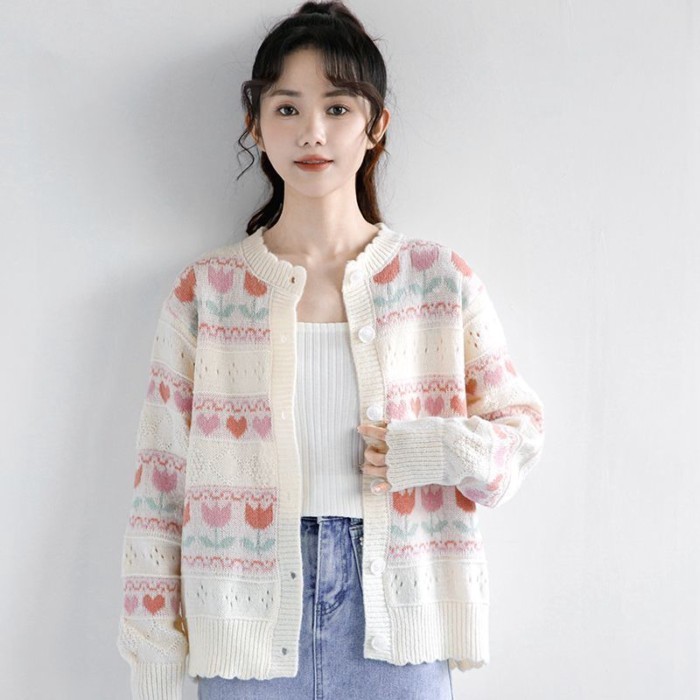 Áo len mùa thu áo khoác nữ đại học nấm chắp vá dệt kim rỗng dài tay cardigan dệt kim dành cho nữ