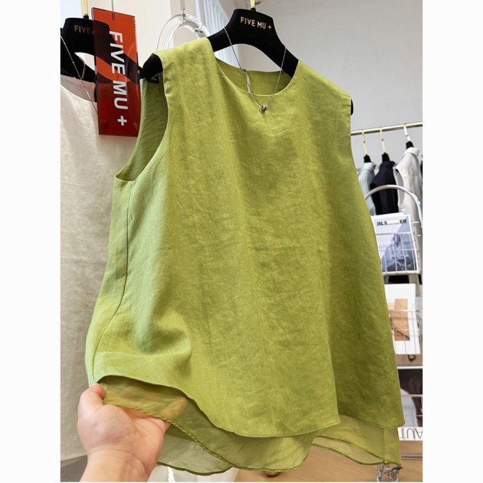 Áo vest không tay lưới nối cỡ lớn cho nữ mùa hè mỏng dáng rộng giả hai lớp áo không tay hai l