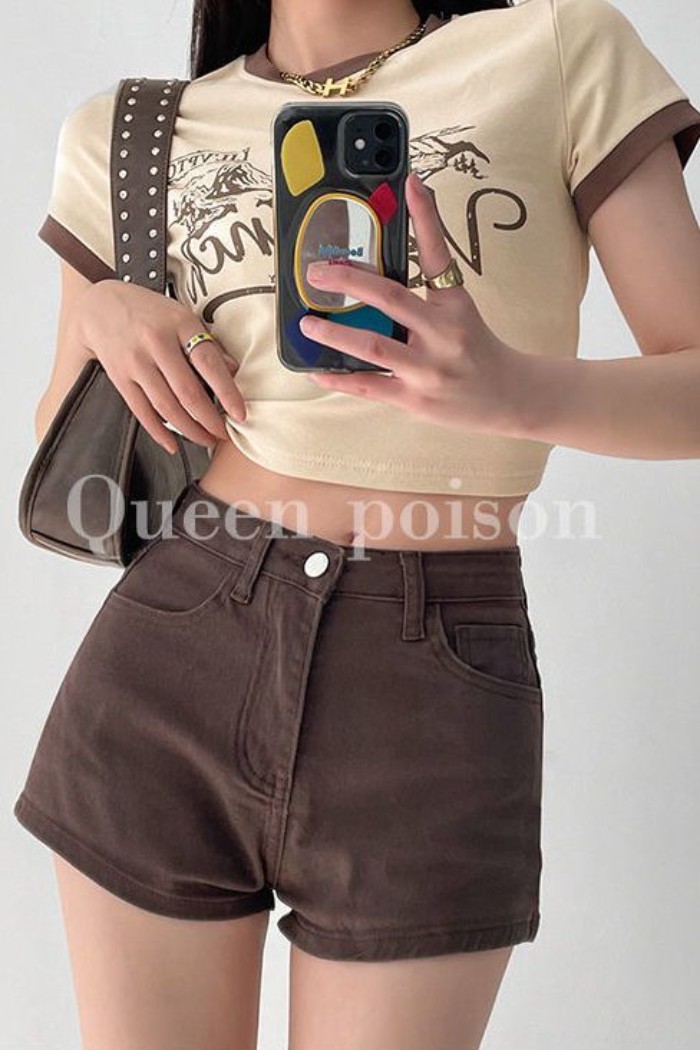 Mùa Hè Quần Short Denim Màu Nâu Cho Nữ Mỹ Cô Gái Ngọt Ngào Và Cay Cay Retro Cao Cấp Ôm Vừa Vặn Q