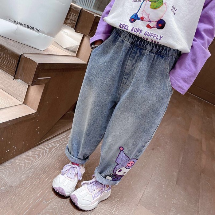 Bé Gái Hoạt Hình Đính Hạt Cườm Kuromi Quần Dễ Thương Bố Bé Quần Xuân Thu Mới Quần Jean Trẻ Em