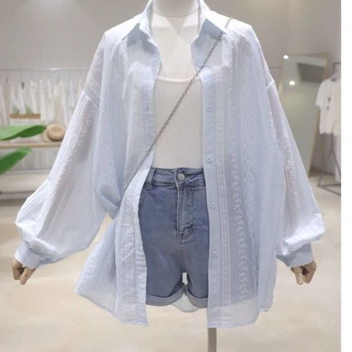 Áo sơ mi chống nắng họa tiết cotton Dopamine Áo sơ mi nữ dáng rộng dài tay chống nắng hàng đầu
