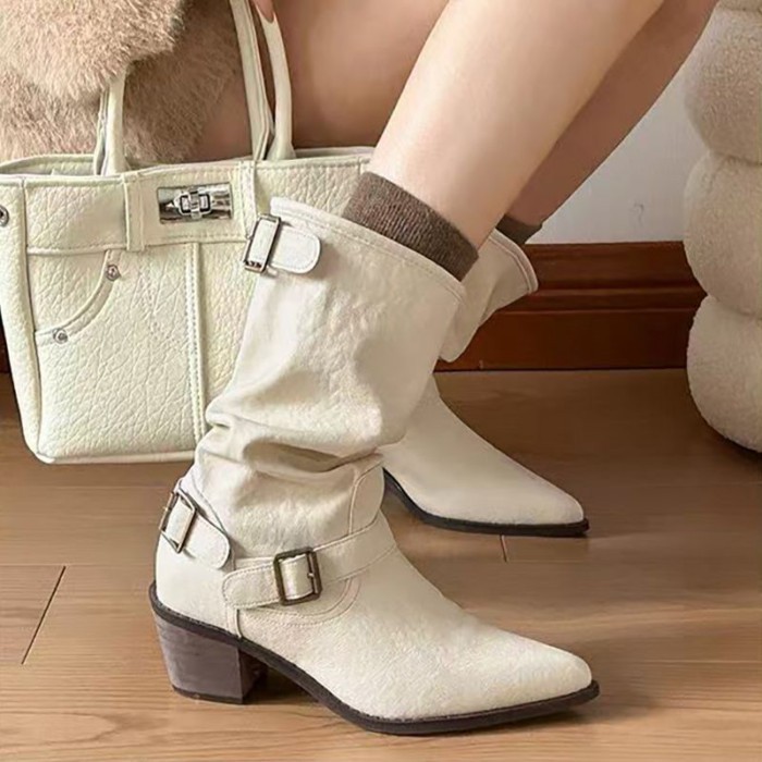 Giày bốt Martin mũi nhọn đến giữa bắp chân dày dành cho nữ, bốt xếp chồng, bốt hiệp sĩ nữ