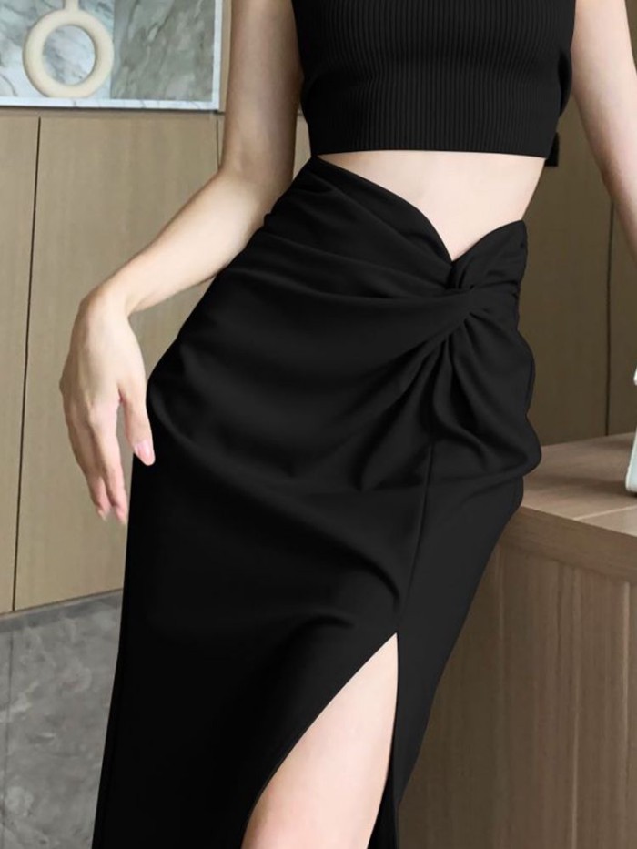 Váy xẻ tà màu đen dành cho nữ mùa hè thiết kế mỏng xếp ly lưng cao váy thẳng dài ngang hông