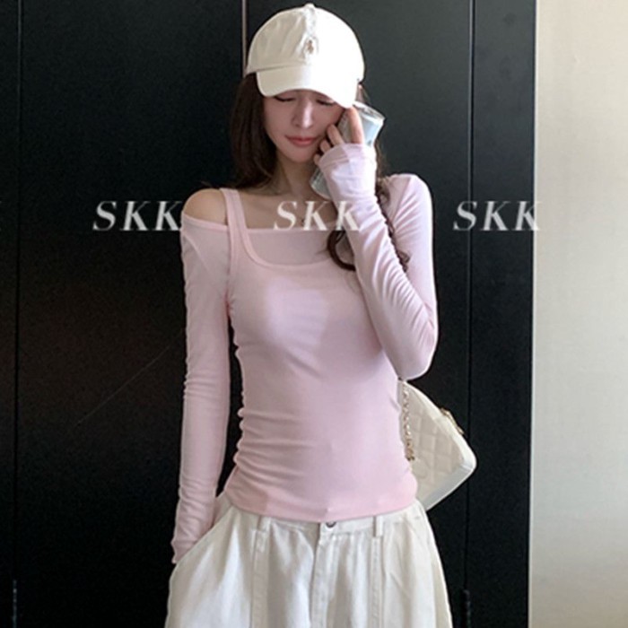 Mùa Thu Nguyên Chất Desire Hot Girl Nguyên Chất Cotton Ngắn Tay Dài Nữ Slim Fit Giả 2 Top