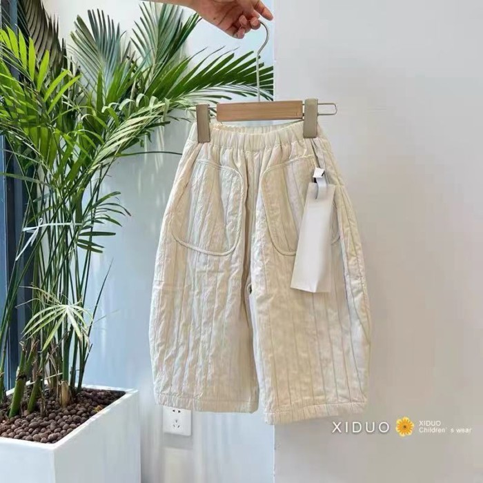 Quần áo trẻ em Hàn Quốc quần bé gái 25 mùa thu đông unisex plus nhung trẻ em dáng rộng sọc dọ