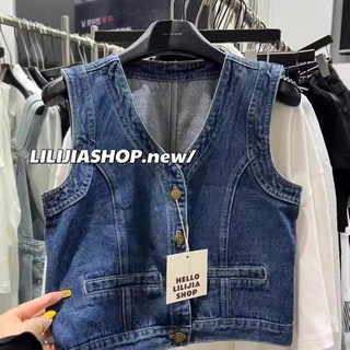 Phong Cách Hàn Quốc Mùa Hè Retro Giặt Denim Áo Vest Nữ Cổ Chữ V Không Tay Áo Vest Cardigan Ng