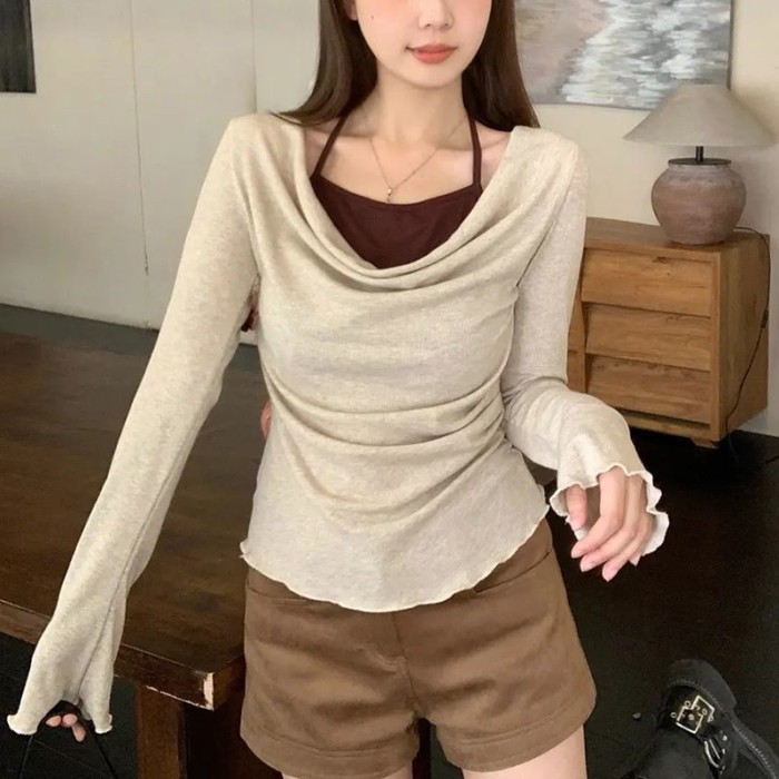 Thiết kế cổ xoay giả hai dây Áo thun dài tay phong cách Hàn Quốc dành cho nữ mùa thu kiểu dáng s