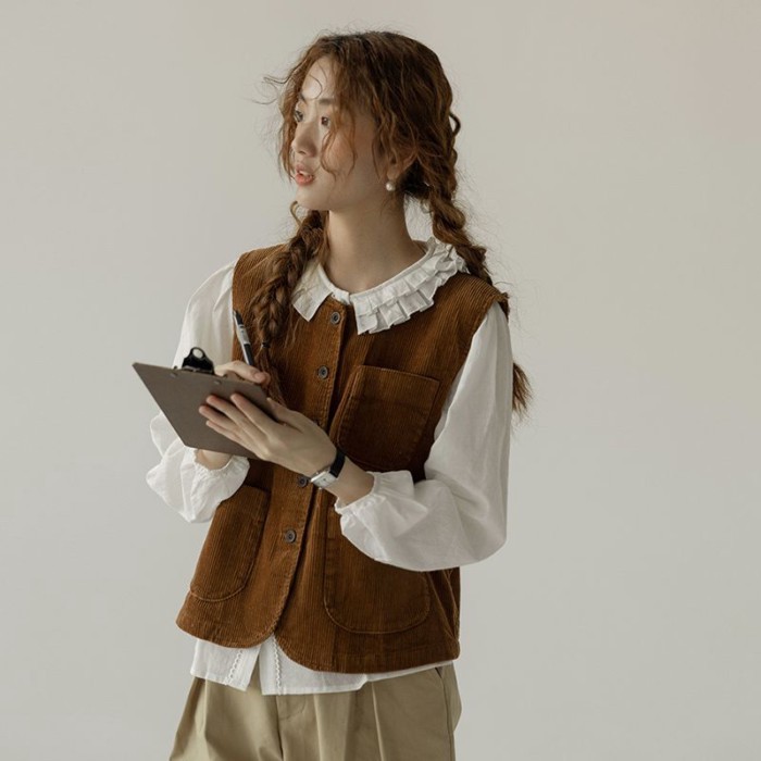 Áo vest nhung kiểu Pháp dành cho nữ xuân thu mới phong cách retro không tay áo vest học sinh áo
