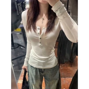 Ngọt Ngào Hot Girl Henry Cổ Áo Trắng Dài Tay Nữ Nguyên Chất Desire Đáy Áo Sơ Mi Ôm Eo Top